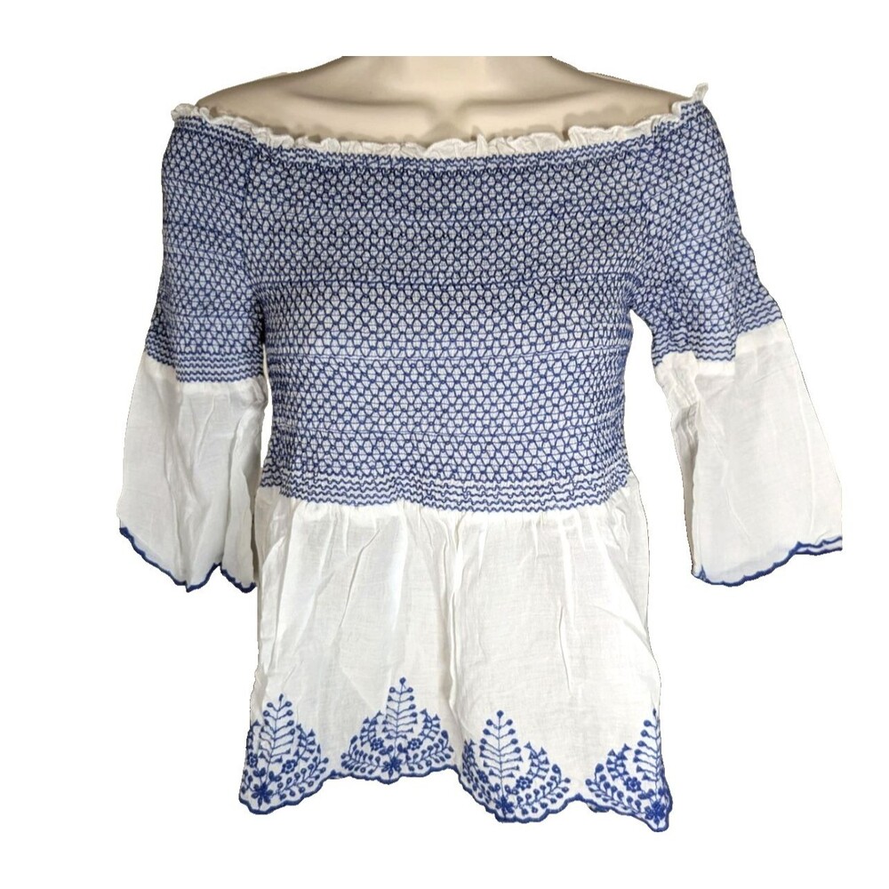 MiAmi Francesca Womens XS Smocked Off-Shoulder Boho Top Embroidered Blue NWT
